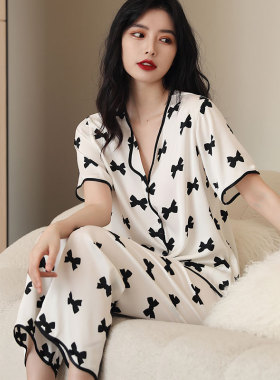 真丝睡衣女夏款高级性感短袖长裤两件套冰丝绸白色睡裙女夏天薄款