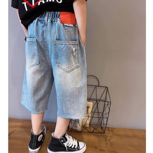 2023男童夏季牛仔中裤时尚破洞新款洋气休闲款韩版儿童夏装七分裤