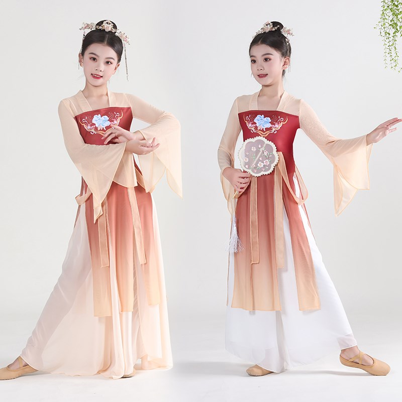 热销儿童古典舞演出服飘逸纱衣女童齐胸飘带身韵舞蹈服中国舞汉唐