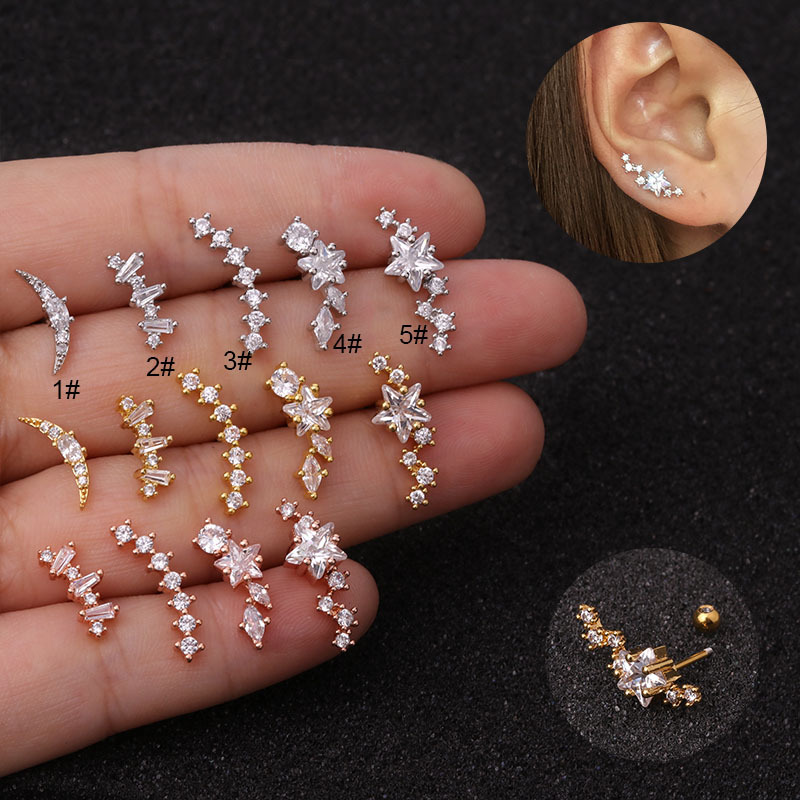 速发Pentagram zircon screw ear stud piercing jewelry穿刺耳饰