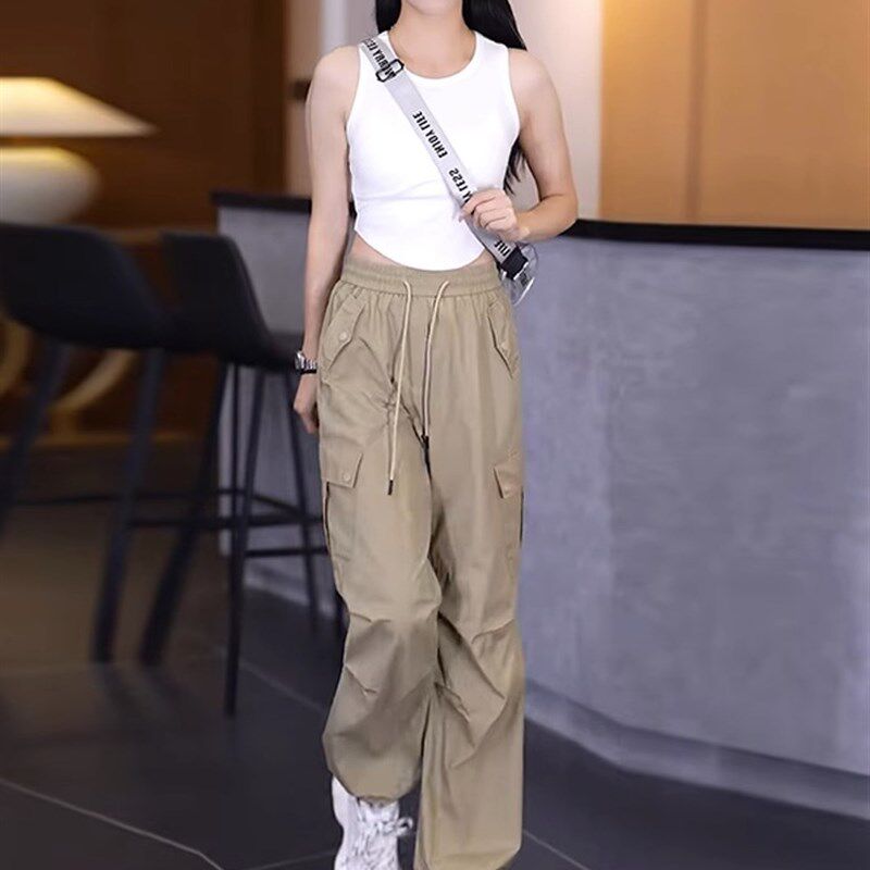 美式军绿色工装裤女秋冬薄款松紧高腰宽松束脚S运动裤直筒宽裤子
