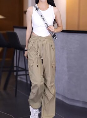美式军绿色工装裤女秋冬薄款松紧高腰宽松束脚S运动裤直筒宽裤子