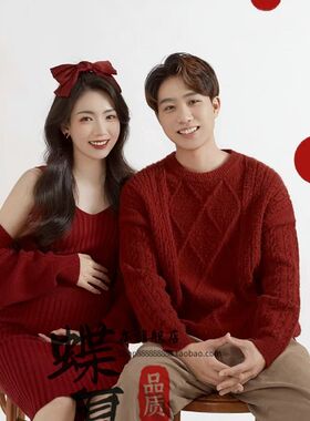 新年红色喜庆圣诞主题情侣孕妇写真摄影服装影楼夫妻孕妈拍照服饰