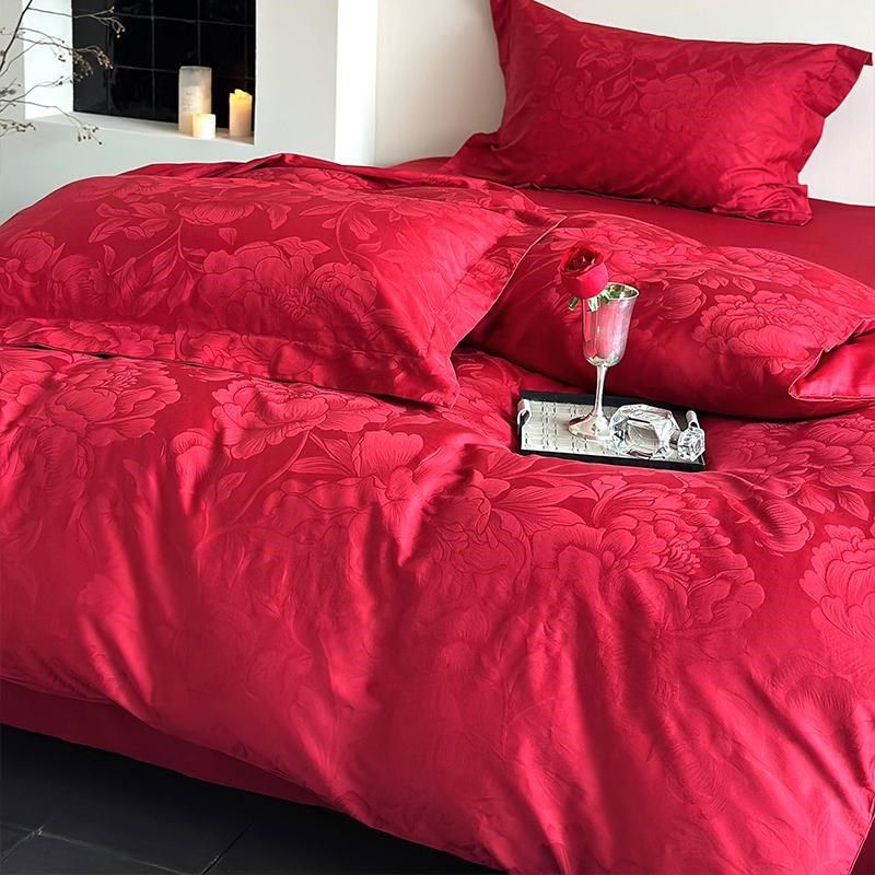 高级感简约结婚全棉长绒棉四件套红提花婚庆被套乔迁新房床品