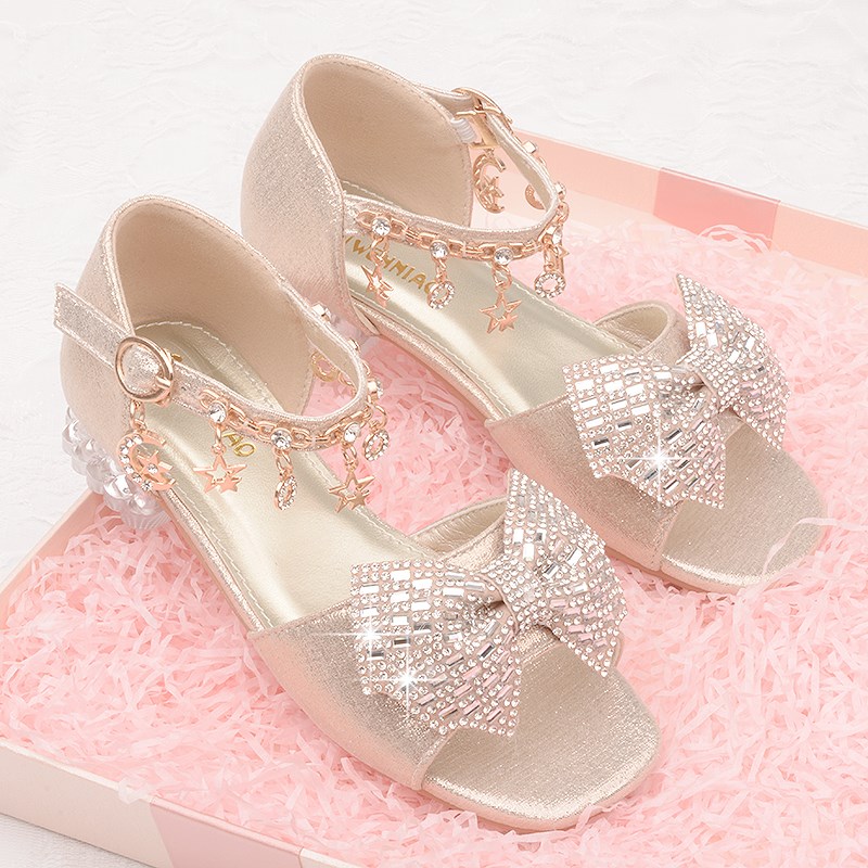 女童夏季透气凉鞋儿童水晶鞋小女孩公主鞋柔软洋气高跟鞋演出金色