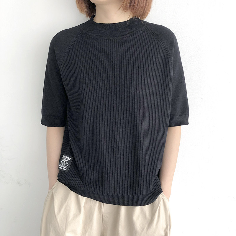 半高领短袖针织衫女2023夏季新款宽松大码薄款女士中袖打底衫上衣