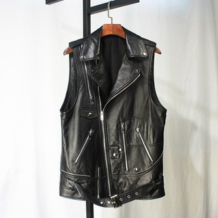 后背拉链无袖 机车马甲女个性 皮衣翻领休闲马夹 真皮中长款 欧货爆款