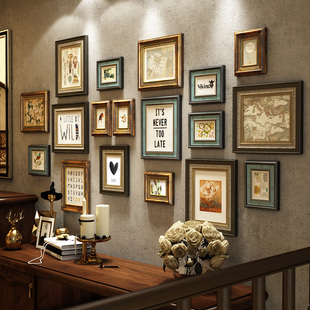 极速实木照片墙鹿装 相框墙复古欧式 免打孔楼梯相片墙组 饰客厅美式