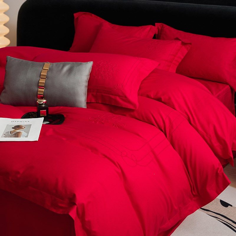 简约结婚四件套大红色喜字全棉婚庆被套床单喜嫁喜被床上用品,床上用品,婚庆床品套件,淘宝优惠券,粉丝福利购,淘宝优惠卷