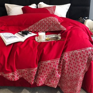 现货厂促法式 刺绣婚庆红色四件套全棉100支新疆结婚被套床单