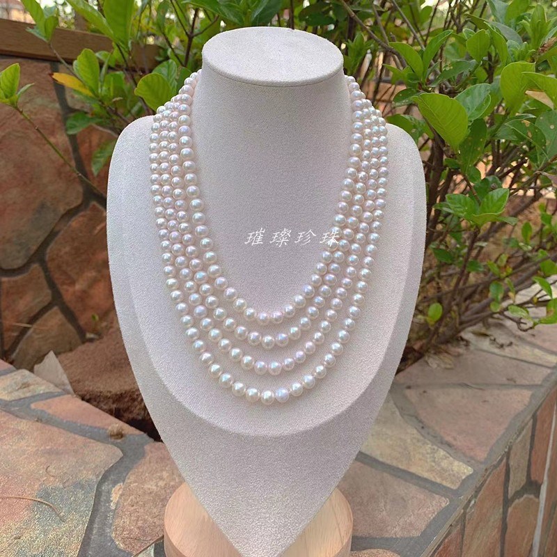 淡水珍珠b7-8mm近正圆强光四层多层锁骨项链 经典时尚百搭 奢华