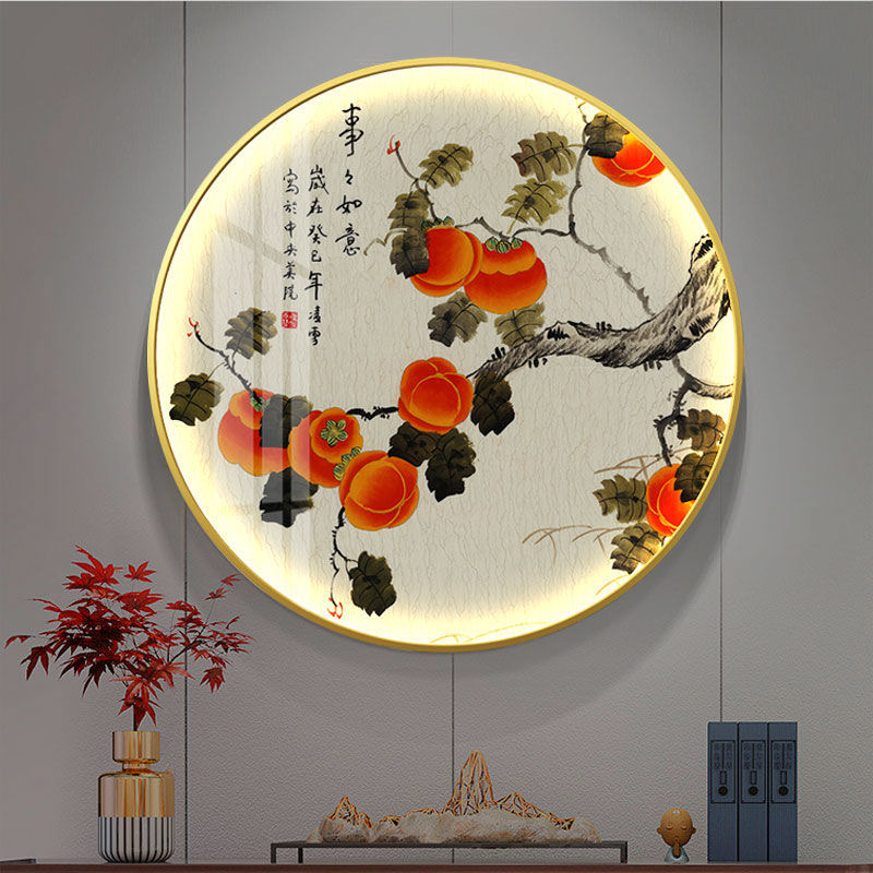 花鸟牡丹圆形灯画j餐厅卧室卉景墙挂画中式花室入户玄关茶背装饰