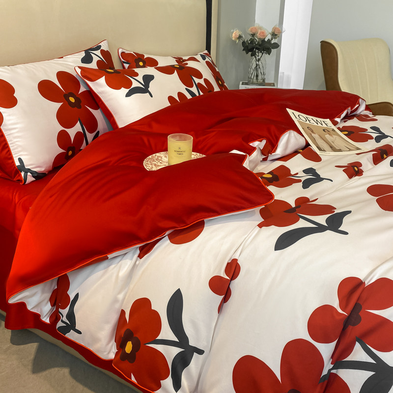 新款现代家用印花喜被婚庆水洗棉四件套婚床红Q色婚嫁被套结婚床,床上用品,婚庆床品套件,淘宝优惠券,粉丝福利购,淘宝优惠卷