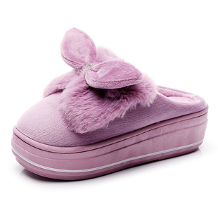 冬季黑色高跟棉拖鞋女可爱毛绒水钻拖鞋冬天外穿厚底防滑家居保暖