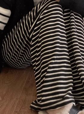 孕妇条纹阔腿裤春秋款外穿宽松拖地长裤大码毛巾休闲直筒裤孕妇装