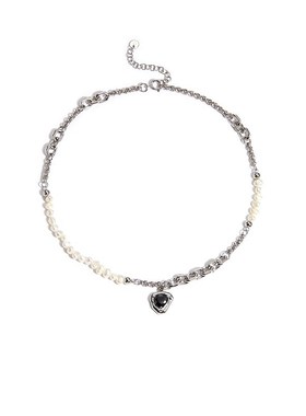 甜酷时髦休闲链条珍珠爱心项链女黑色中性拼接毛衣链2024年新款潮