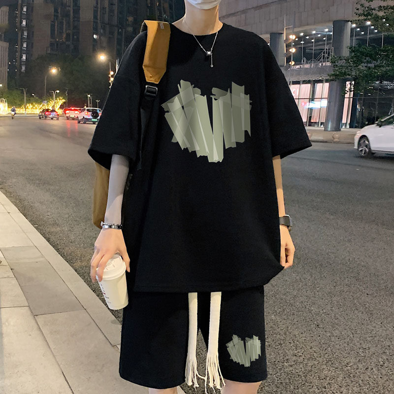 潮牌1212夏季短袖运动休闲男士套装宽松百搭薄款时尚T恤短裤一套