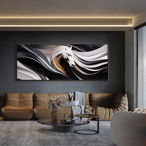 沙发背景墙装饰画客厅高档大气黑白马到功成抽象艺V术横款壁画挂