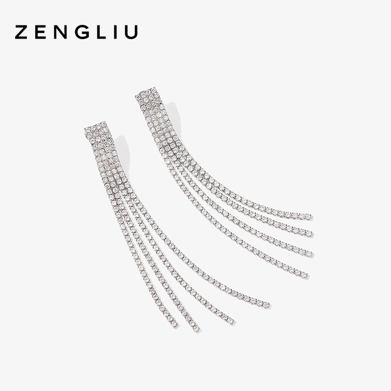 小众高货ZEGL线条流苏耳环耳夹女气质长款耳钉冷淡风小众设计无耳