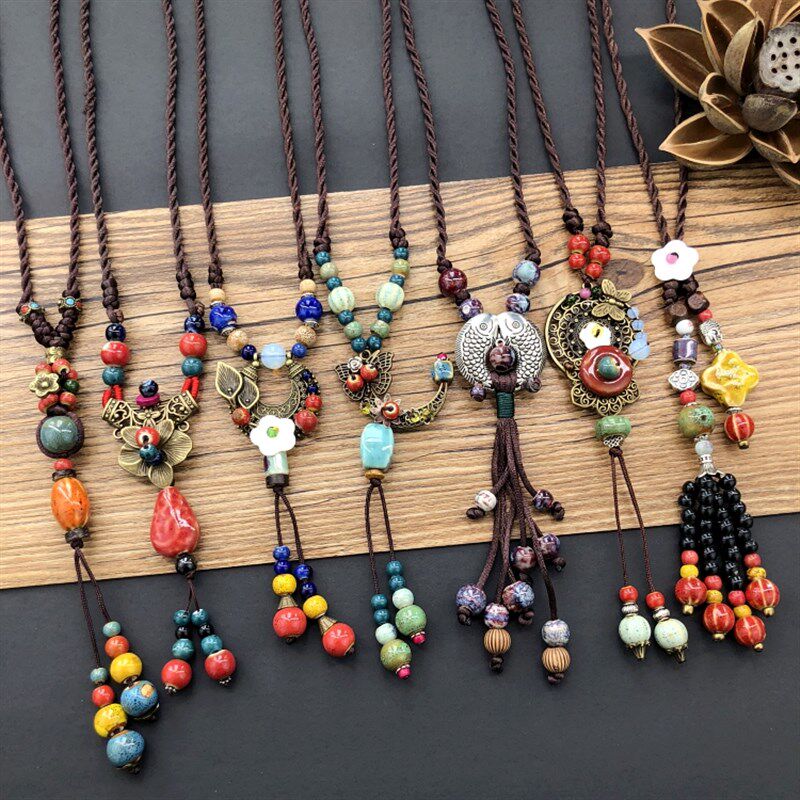 民族风复古文艺棉麻陶瓷r项链 女森系百搭长款毛衣链流苏挂件配饰