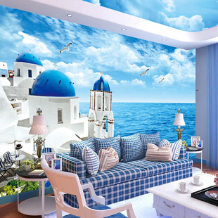 3D墙布主题餐厅海洋地中海风格 墙纸客厅山水卧室背景壁纸海景壁画