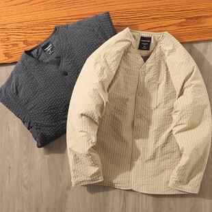 日单复古街头潮牌男女款 绗缝夹棉小格子宽松叠穿无领夹克棉衣外套