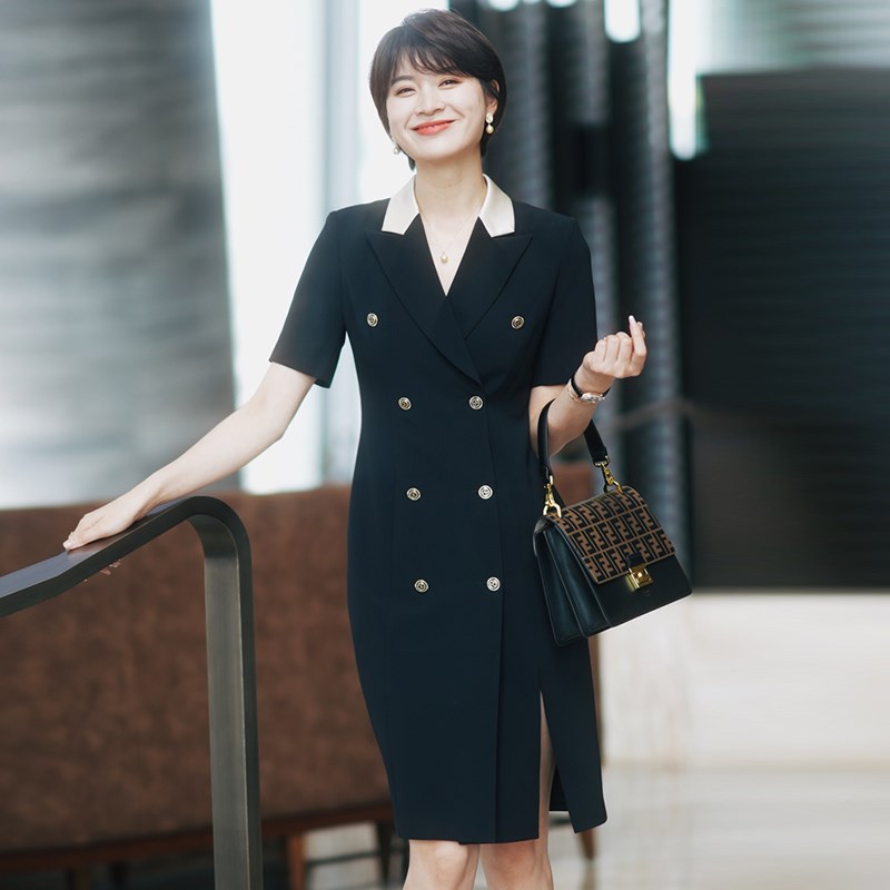 蒋菲菲黑色西装连衣裙女2023夏季新款收腰职业套装裙子气质工作服