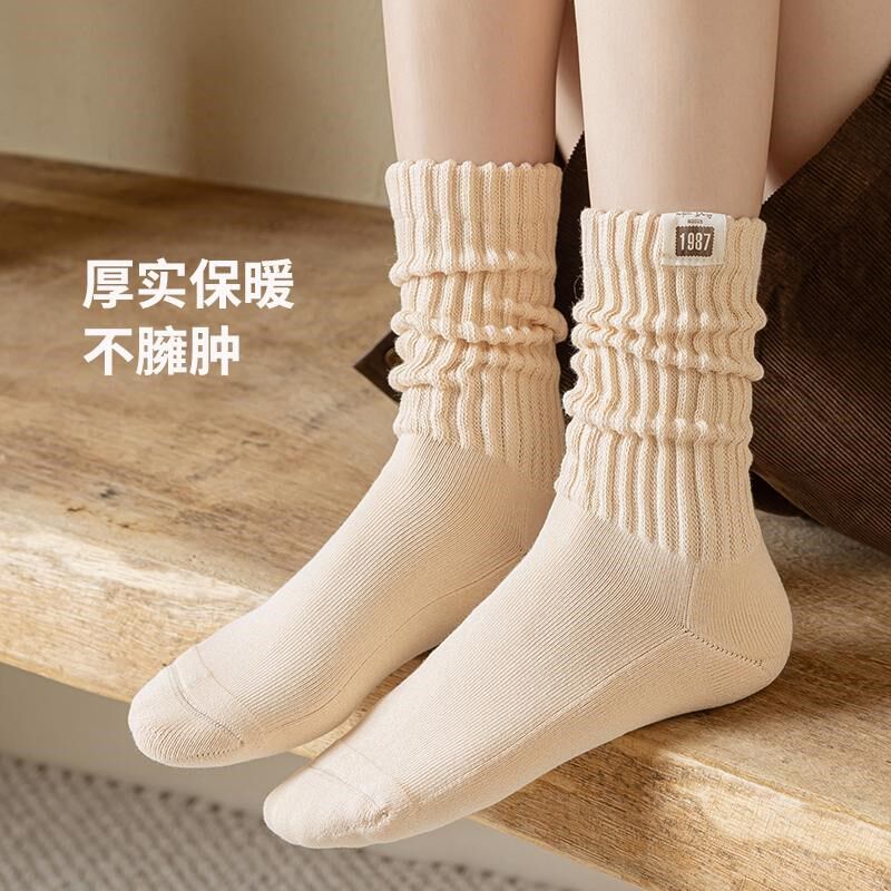 袜子女秋冬长筒加厚保暖运动布标外穿无骨中筒毛圈毛巾底袜潮