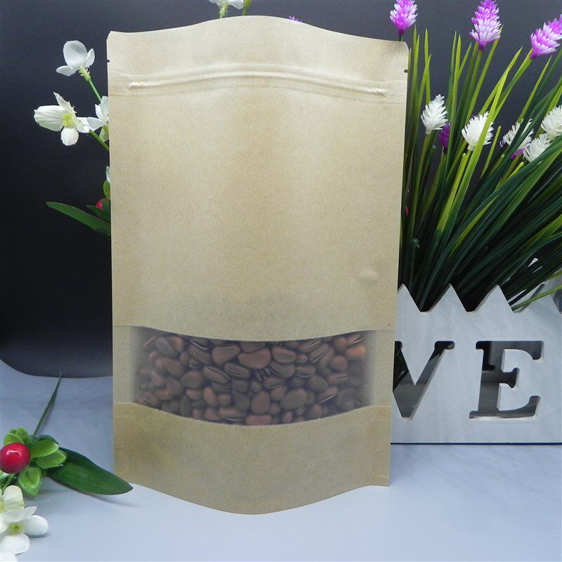牛皮纸袋18*26+4礼品纸袋磨砂加厚开窗食品包装袋站立自封袋100个