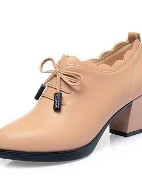 高档深口皮鞋女j2022新款春秋季粗跟圆头中年女士小单鞋软底舒