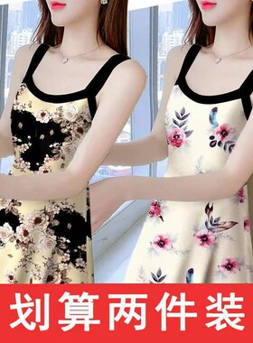 中长款小吊带连衣裙m子女装夏季新款印花拼接无袖打底内搭收腰长