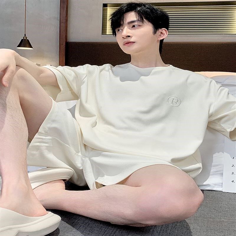 维多利亚睡衣男夏季莫代尔短袖短裤简约冰丝青少年宽松家居服套装