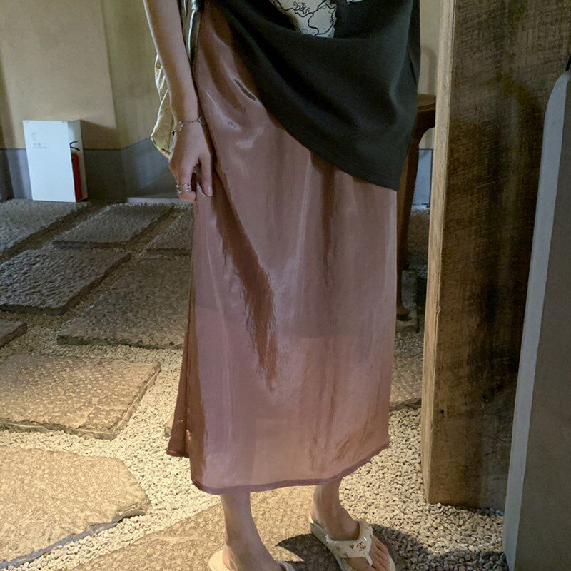 韩国流光缎面皱皱松紧腰半身裙女夏季高腰粉色中长版开叉直筒裙子
