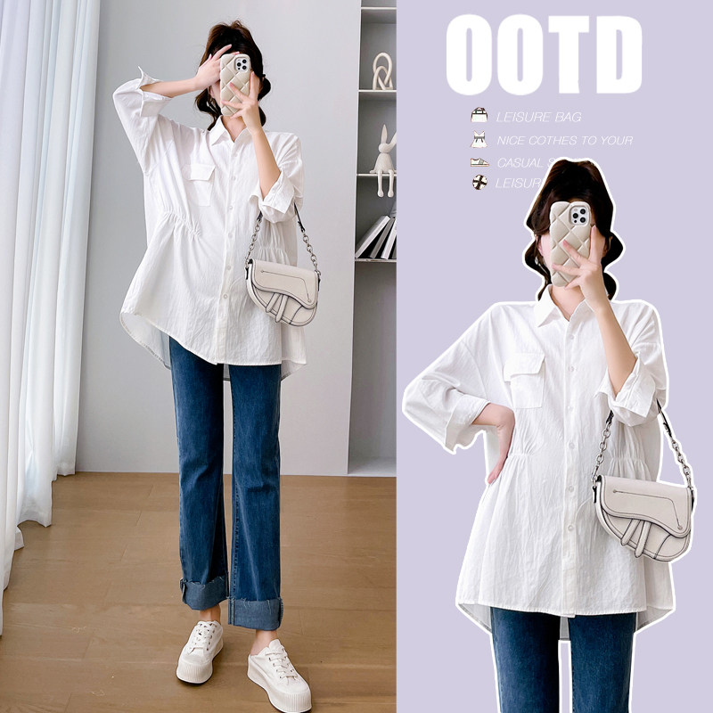 Angel妈咪~孕妇装衬衣春夏2023新款polo宽松百搭衬衫白色上衣夏装