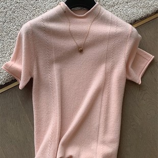 小领纯羊毛半袖 24春秋款 套头打底时尚 女短袖 T恤 卷边半高领针织衫