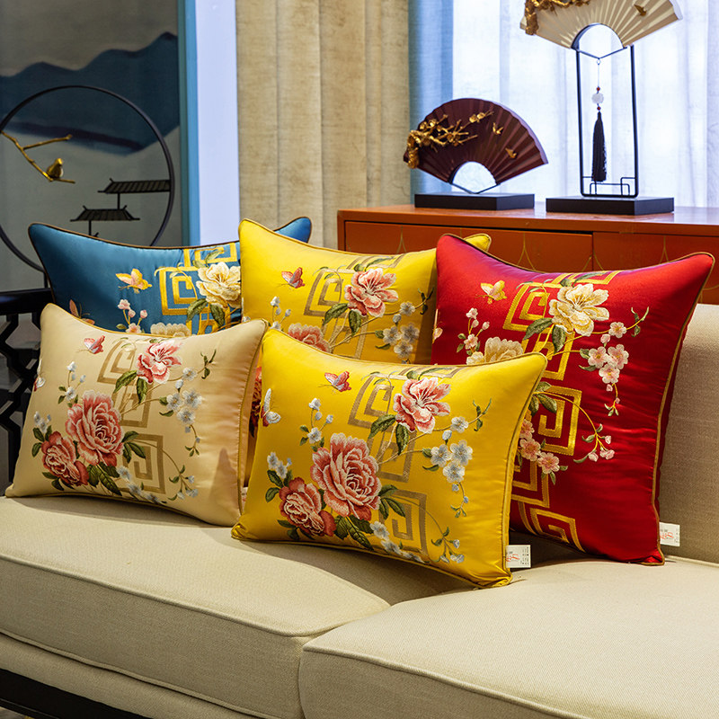 新中式抱枕刺绣靠垫中国风实木沙发靠枕绣花腰枕客厅枕套靠背定制