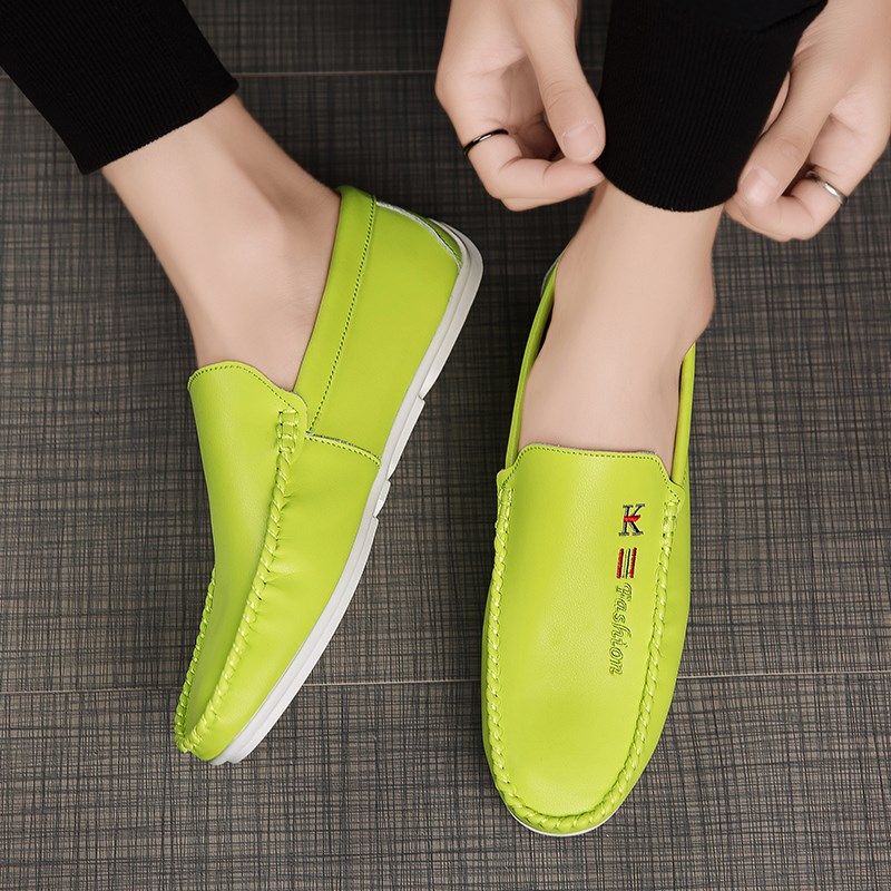 荧光绿色个性豆豆鞋男士韩版潮流软底发型师休闲一脚蹬无鞋带皮鞋,流行男鞋,乐福鞋（豆豆鞋）,淘宝优惠券,粉丝福利购,淘宝优惠卷