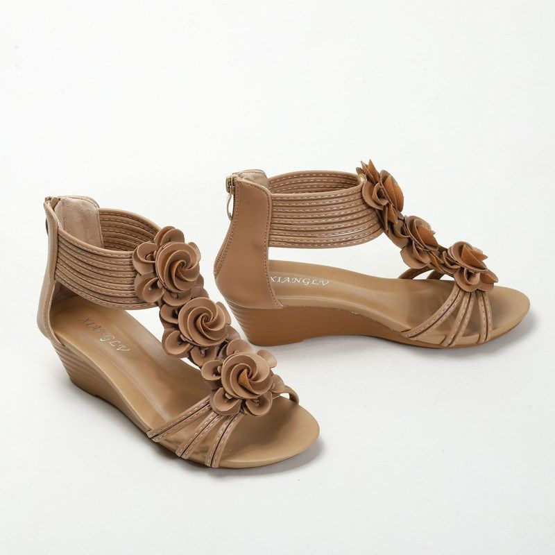 春夏新款高跟坡跟时尚民族风花朵厚底防水台露趾百搭女凉鞋大码,女鞋,罗马凉鞋,淘宝优惠券,粉丝福利购,淘宝优惠卷