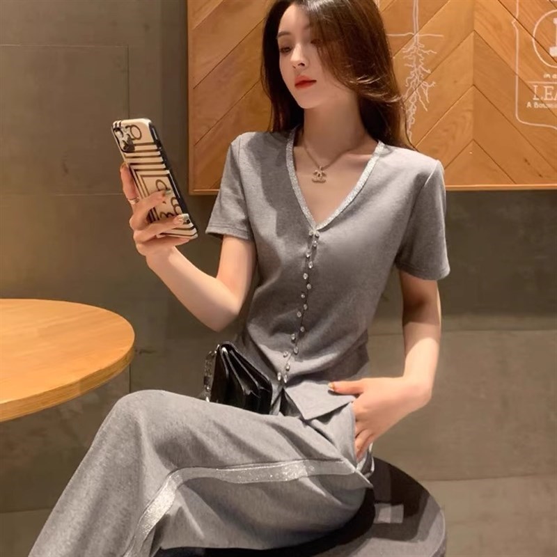 灰色休闲运动套装女2025u新款夏季高级感时N尚洋气宽松阔腿裤两件