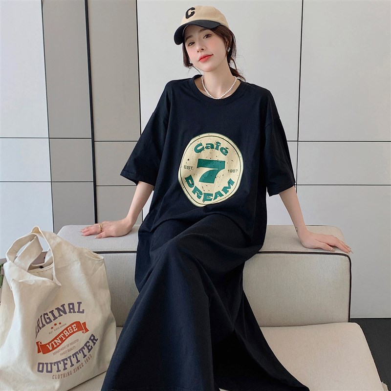 2025夏季新款韩版大码女装胖mm200斤长裙假两件过膝a字版连衣裙子