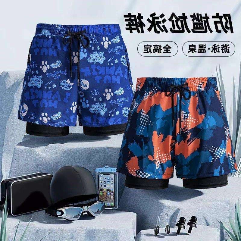 新款男士泳裤男款透气速干游泳裤双层防尴尬泳衣男士套装沙滩裤