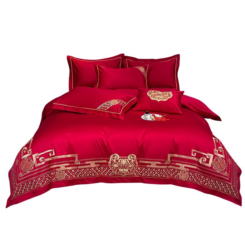 高档中式刺绣婚庆四件套大红色全棉床单被套结婚床上用品六件套新