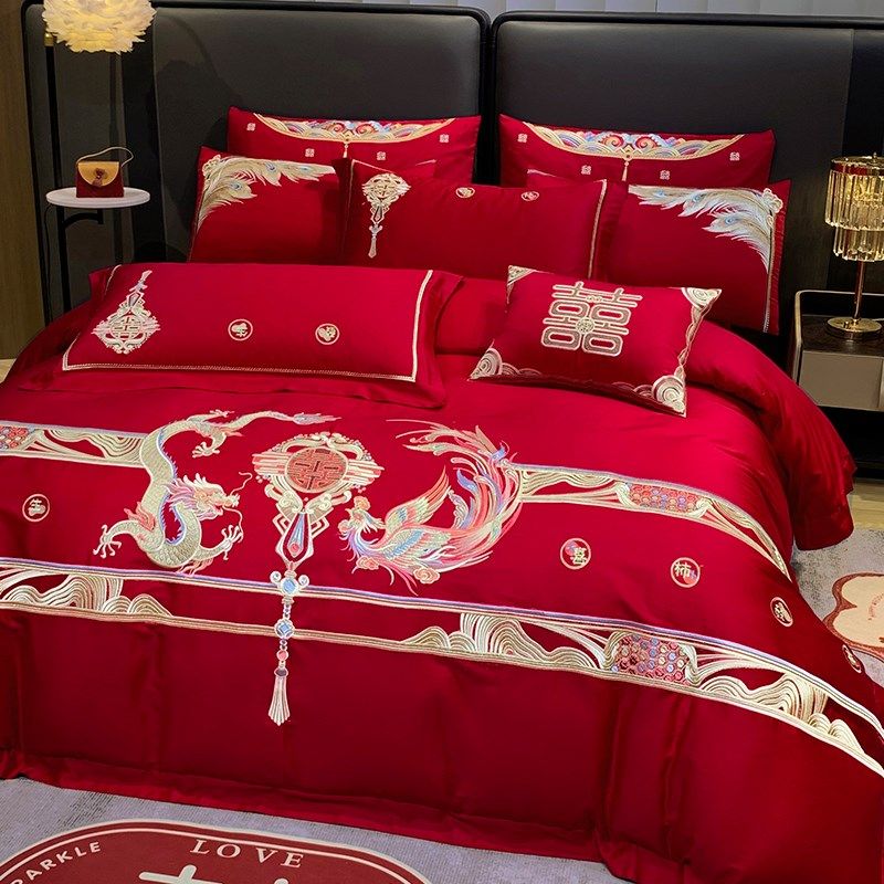 婚庆四件套大红刺绣龙凤结婚礼新婚房喜被绣花六八十件套床上用品,床上用品,婚庆床品套件,淘宝优惠券,粉丝福利购,淘宝优惠卷