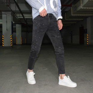 P韩版 春款 男潮流修身 漆点破洞小脚九分裤 弹力铅笔牛仔 黑灰色时尚