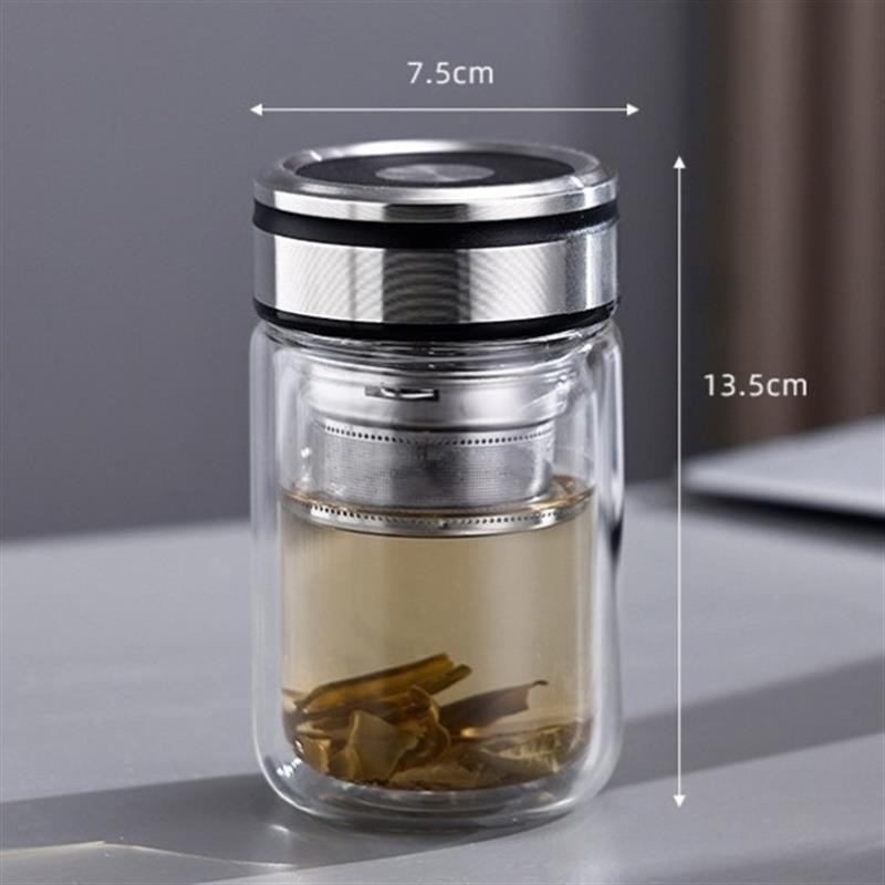 双层玻璃杯带盖耐高温矮胖水杯高颜值透明过滤泡茶杯耐热玻璃杯子