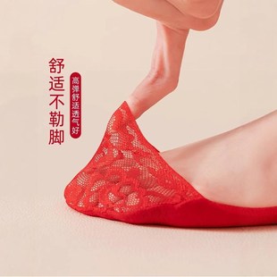 红色袜子结婚情侣一对新娘新郎蕾丝高跟鞋中筒陪嫁男女士隐形船袜