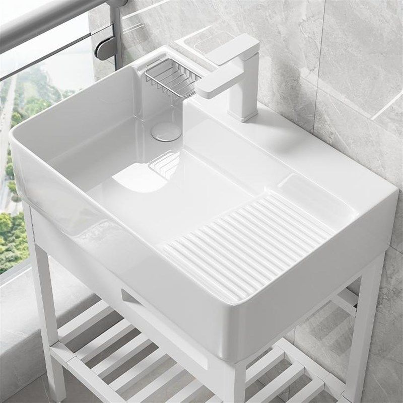 阳台洗衣盆带搓衣板免打孔不锈钢支架一体盆家用落地式陶瓷洗衣池