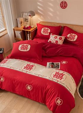 四件套红色系结婚被m套200x230喜庆婚礼床上用品陪嫁红被子喜被厚