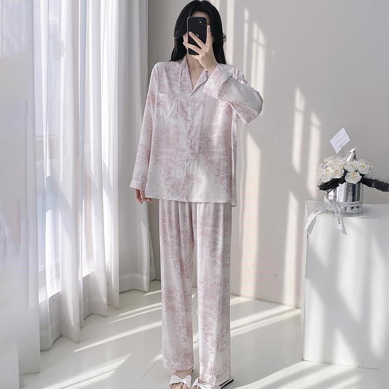 高级感绵绸睡衣女春秋长袖带内衬家居服可外穿防凸点两件套薄款夏