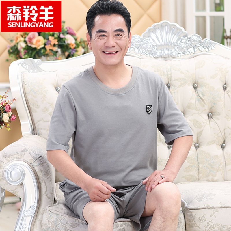 中老年人爸爸睡衣男夏季纯棉短袖中年男士夏天加大码薄款老人套装
